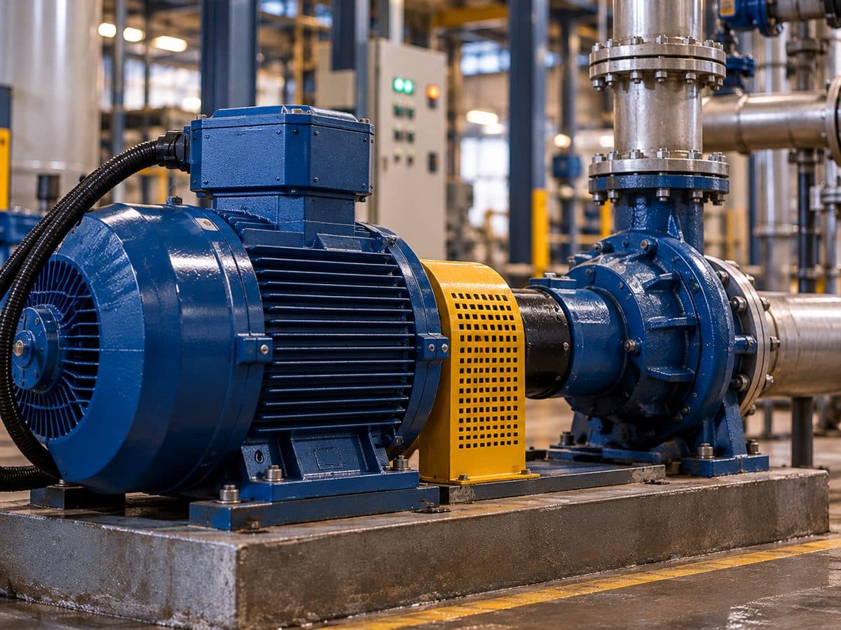 Bomba centrífuga acoplada a motor elétrico em uma planta industrial